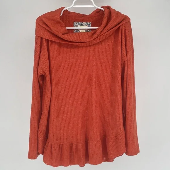 ANTHROPOLOGIE MAEVE ADDIE RUFFLED HEM HACCI LONG SLEEVE COWL NECK TOP ORANGE MED - Picture 2 of 11